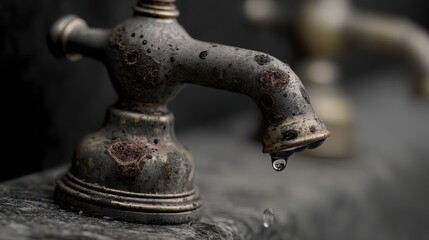 Rusty Faucet with Water Droplet Close-up Photo