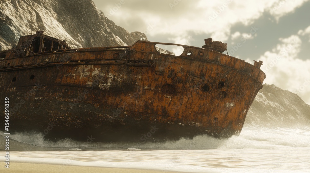 Aufkleber rusty shipwreck on a sandy beach near rocky cliffs with waves crashing.