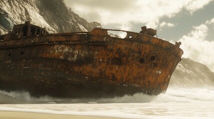 Naklejka premium Rusty shipwreck on a sandy beach near rocky cliffs with waves crashing.