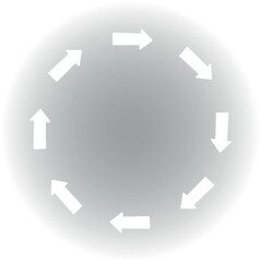 Minimalistic circular diagram with eight white arrows arranged in a clockwise cycle on a gray radial gradient background. The arrows are evenly spaced and point in a continuous loop