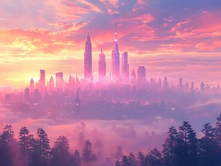 Fototapeta premium Foggy Cityscape at Sunset