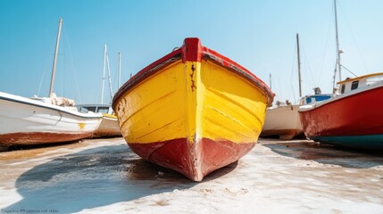 Obraz premium A bright yellow fishing boat rests at a harbor, showcasing its vivid colors against the clear blue sky, evoking a sense of calmness and tranquility by the seaside.