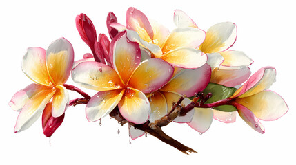 Watercolor Illustration of Frangipani (Plumeria) &ndash; Tropical White and Yellow Blossoms with Green Leaves on White Background

