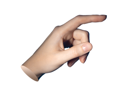 Finger pointing gesture with forefinger and thumb in interactive tap pose. Female hand showing