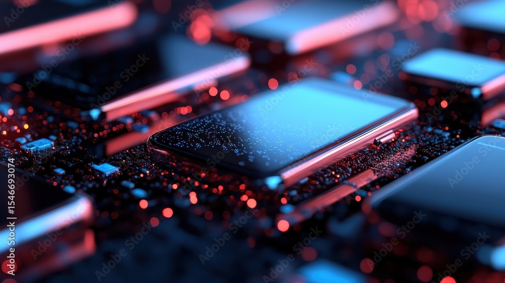 Poster a close-up view of multiple sleek mobile devices resting on a vibrant, glowing circuit board, showca