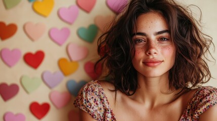 A cheerful young woman with curly hair smiles warmly, surrounded by colorful heart-shaped decorations, capturing the spirit of love, joy, and positivity in everyday life.