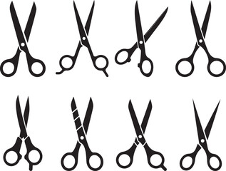 Eight different types of black scissors icons set. eps-10
