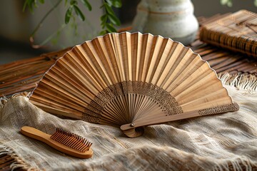 Traditional hand fan and comb on textile high resolution picture