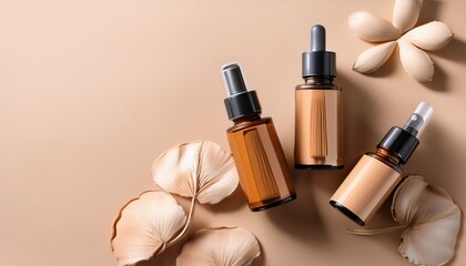 Obraz premium foundation samples and dropper bottle on beige background
