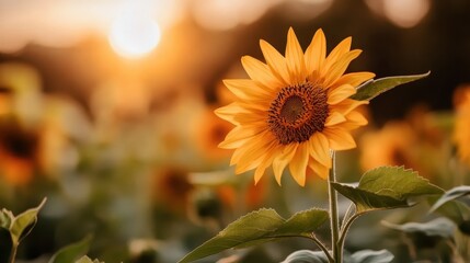 Fototapeta premium A stunning close-up of a vibrant sunflower basking in golden sunlight, representing beauty and nature's wonders at dawn or dusk in a tranquil setting.