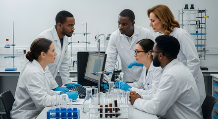 Group of Diverse Scientists Working in Modern Laboratory with Scientific Equipment