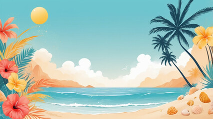 Tropical Summer Beach Background with Palm Trees and Flowers