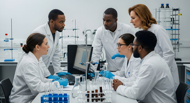 Group of Diverse Scientists Working in Modern Laboratory with Scientific Equipment