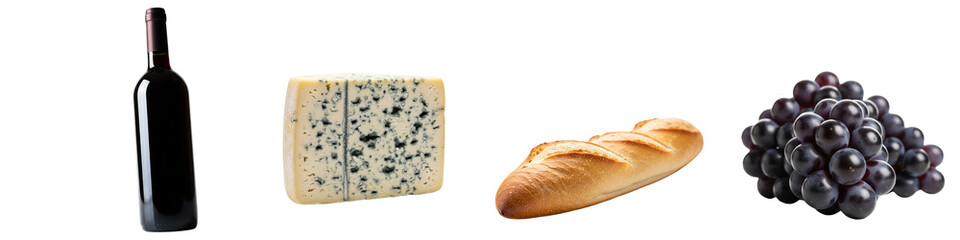 Wine, cheese, bread, and grapes arranged on white background  