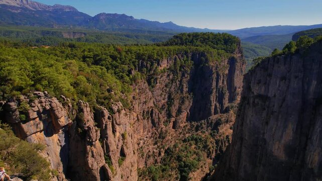Man traveler background landscape Tazi Canyon in Manavgat, Antalya, Turkey Aerial top view.