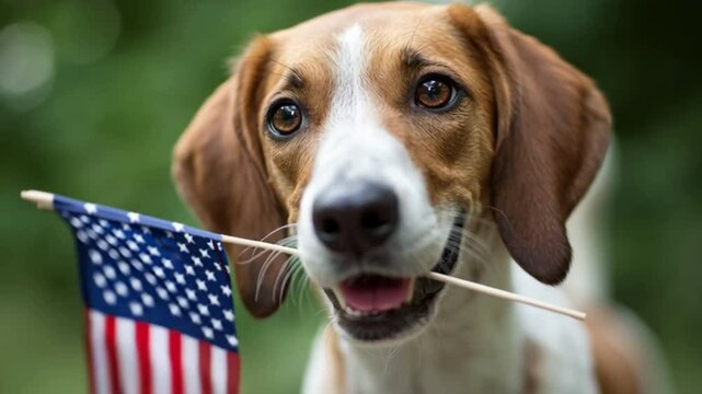 Primer plano de la cabeza y cara de un Perrito foxhound americano, portando una bandera americana en la boca en se&ntilde;al de patriotismo. Concepto fiestas americanas, 4 de julio, dia de los caidos