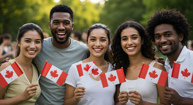 A group of Canadians holding small Canadian, celebrating canada day with smiles 