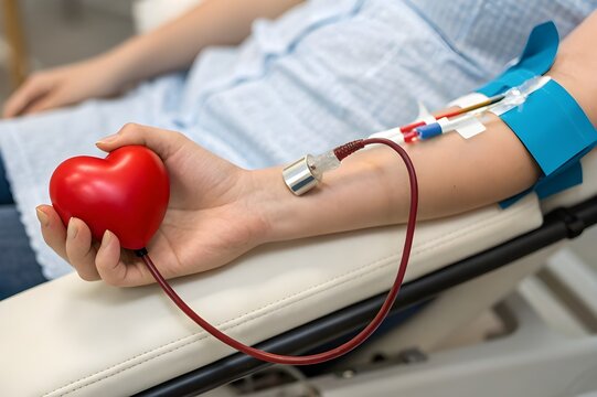 Blood donor with catheter and plasters holding toy heart and donating blood at the lab - Powered by Adobe