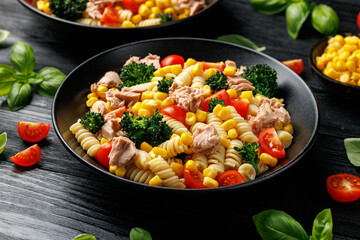 Tuna corn pasta salad with tomatoes and broccoli