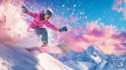 Vintage Snowboarder Soaring Over Colorful Mountain Landscape