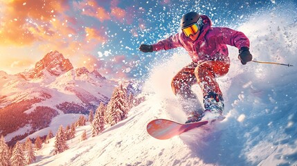 "Vintage Snowboarding Adventure in Mountain Landscape"