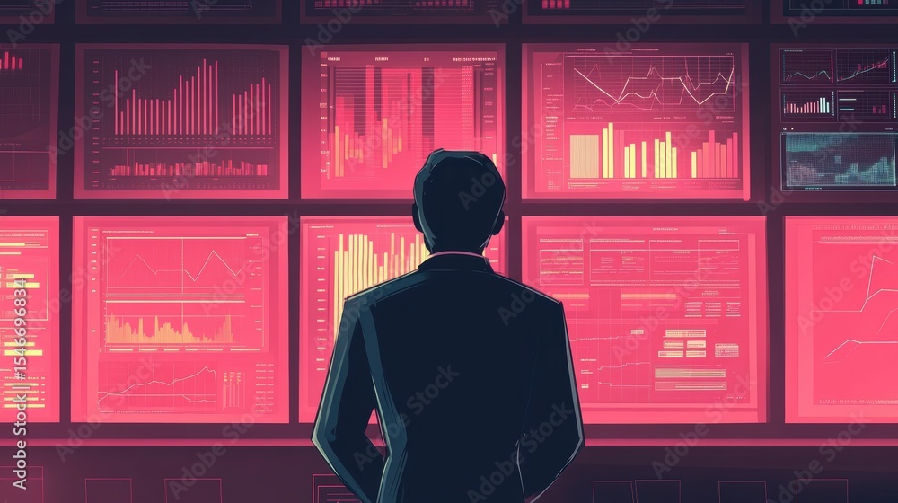 Leinwandbilder Businessman analyzing data on multiple screens displaying charts and graphs in a dark room.