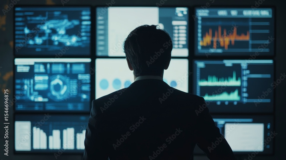 Poster businessman reviewing data on large screens displaying graphs, charts, and financial information.