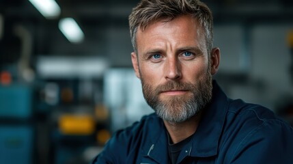 Obraz premium A confident man with a beard posed in a workshop setting, exemplifying professionalism and determination, blending skill with a rugged charm and an industrious spirit.