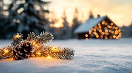 Fototapeta premium A picturesque snowy landscape featuring pine branches adorned with twinkling lights creates a magical winter scene evoking feelings of warmth and holiday nostalgia.