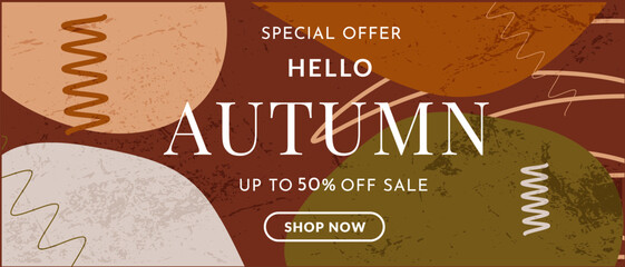 Autumn retro-style design 80s–90s. Trendy geometric background patterns for web, social media, advertising, posters, banners, and covers. 50% sale offer. Vector template.