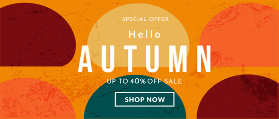 Autumn retro-style design 80s–90s. Trendy geometric background patterns for web, social media, advertising, posters, banners, and covers. 40% sale offer. Vector template.
