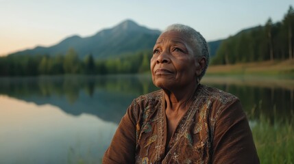 Fototapeta premium An elderly woman gazes pensively across a serene lake surrounded by mountains, capturing a moment of reflection and connection with nature in a peaceful landscape.
