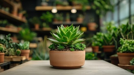 A beautiful succulent plant displays its vibrant green leaves in an elegant terracotta pot, bringing a touch of nature and freshness to modern interior spaces and design aesthetics.
