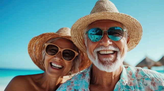 A joyful elderly couple sharing smiles at the beach, embodying happiness and companionship while celebrating love and carefree moments in a sunny paradise.
