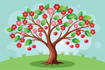 Fototapeta premium Cherry tree vector illustration beautiful spring blossom clipart for design and decoration art