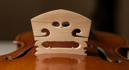 Violin Bridge Close-up: A Detailed View of a Wooden Violin Bridge Resting on a Polished Violin Body