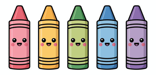 Five cute cartoon crayons in vibrant colors