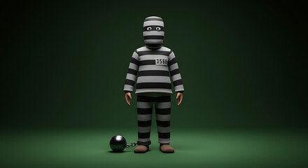 Cartoon prisoner with ball and chain on green background