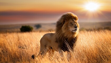 majestic lion in the golden savanna at sunset