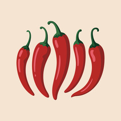 Five red chili peppers illustration
