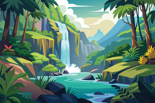 Tropical rainforest landscape with flowing waterfall vector art perfect for nature and wildlife