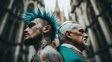 Obraz premium A striking image depicting a punk individual with blue hair juxtaposed against an elderly religious leader, symbolizing the clash of cultures and the diversity of human expression.