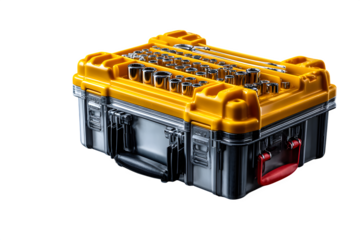 Mechanical technician's toolkit, hard plastic case with detailed tool layout including spanners and sockets, clean product photography style, transparent to transparent background