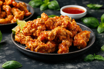 Korean fried chicken with spicy sauce and sesame seeds