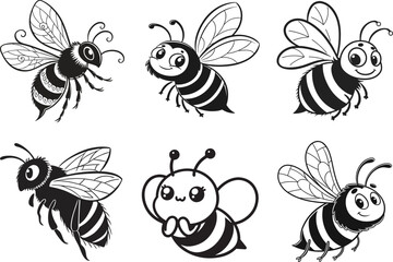  Cute bee set cartoon isolated on white background black silhouette