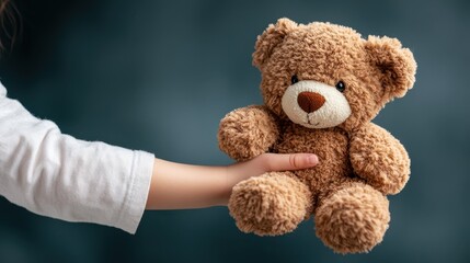A tender and heartwarming image showing a child's hand holding a plush teddy bear, symbolizing comfort, companionship and the innocent joy of childhood.