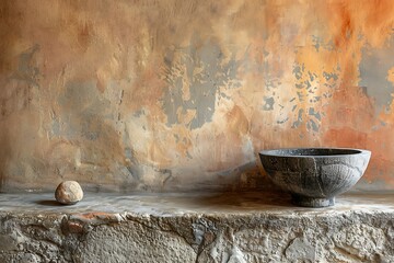 Vintage stone bowl placed near wall high resolution picture
