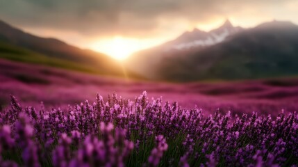 Fototapeta premium A breathtaking view of lavender fields bathed in golden sunset light, with majestic mountains in the background, creating a tranquil and picturesque atmosphere.