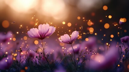 Elegant purple flowers basking in soft light, with sparkling dust and bokeh effects, creating a magical and enchanting scene that captures the beauty of nature.