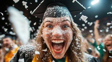 A joyous graduate celebrates her achievement with a radiant smile, surrounded by falling confetti, capturing the excitement and pride of graduation day in vibrant colors.